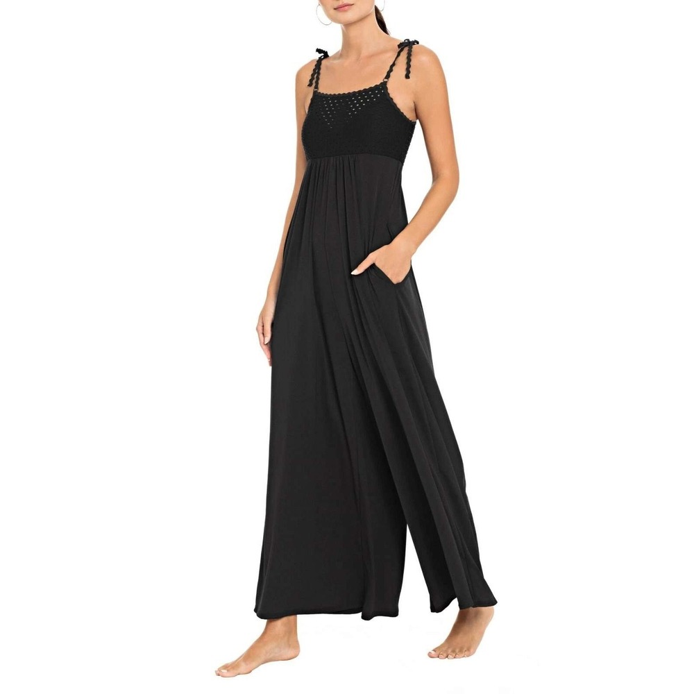 Robin Piccone Jumpsuit/Swim Cover Women's Large Black Crochet Bodice Wide Leg